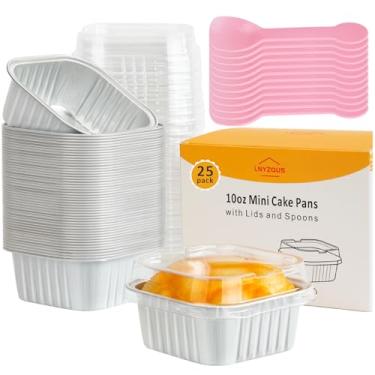 Imagem de LNYZQUS Mini formas de bolo de 283 g com tampas, pacote com 25, latas de folha de alumínio de 10 cm, recipientes quadrados descartáveis, formas de pão quadradas, pequenas formas de bolo, copos