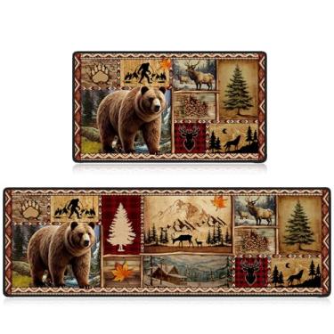 Imagem de InIsaJace Conjunto de 2 tapetes de cozinha de fazenda, tapetes decorativos rústicos de urso, cervos, tapetes laváveis para banheiro, entrada, quarto, decoração de casa (40 x 71 + 40 x 119 cm)