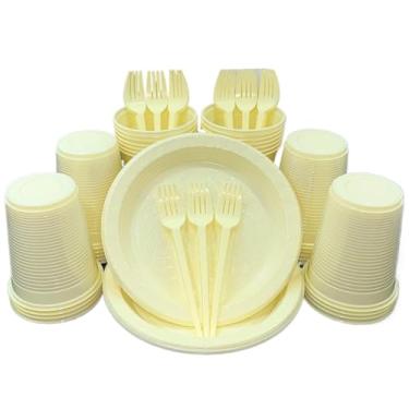 Imagem de Kit 300 Itens Festa Aniversário Descartáveis Plástico Colorido Perolado 100 Pessoas Completo Pratinho Garfinhos Copos (Amarelo Candy)