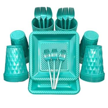 Imagem de Kit 260 Itens Descartaveis Festa Aniversário Prato Quadrado Diamante Plástico Colorido Perolado Candy Pastel (Verde Perolado)