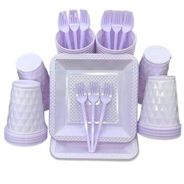 Imagem de Kit 260 Itens Descartaveis Festa Aniversário Prato Quadrado Diamante Plástico Colorido Perolado Candy Pastel (Lilás Candy)