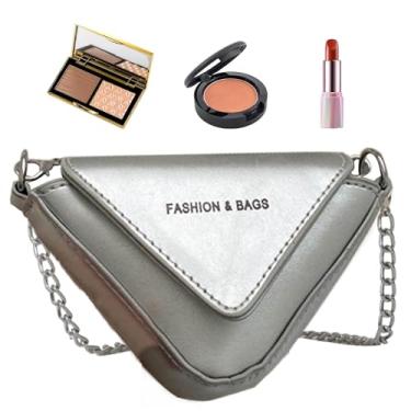 Imagem de Shakven Bolsa tipo estilingue triangular para mulheres, bolsa tipo estilingue com alça triangular, Bolsa tipo estilingue, Bolsa moderna pequena estilingue de couro PU bolsa de peito com corrente