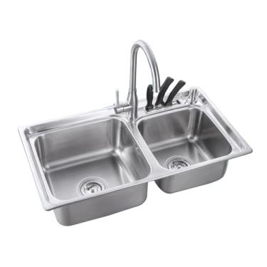 Imagem de Lavatório de pia de cozinha de aço inoxidável, banheira de lavanderia, tigela dupla embaixo da pia da fazenda, bar ou pia de preparação (81 x 43 cm/32 x 17 polegadas)