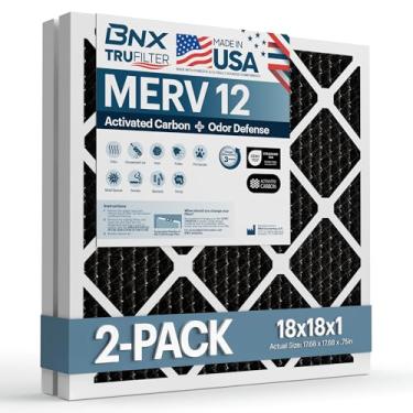 Imagem de BNX Filtro de ar TruFilter para forno CA 18 x 18 x 1 MERV 12 (pacote com 2) com carvão ativado – Feito nos EUA – Filtros plissados de ar condicionado HVAC AC – Remove odor, mofo, bactérias, fumaça