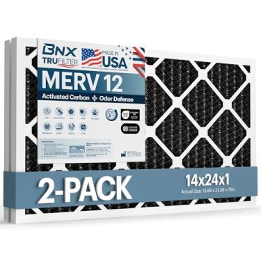 Imagem de BNX Filtro de ar TruFilter para forno CA 14 x 24 x 1 MERV 12 (pacote com 2) com carvão ativado – Feito nos EUA – Filtros plissados de ar condicionado HVAC AC – Remove odor, mofo, bactérias, fumaça
