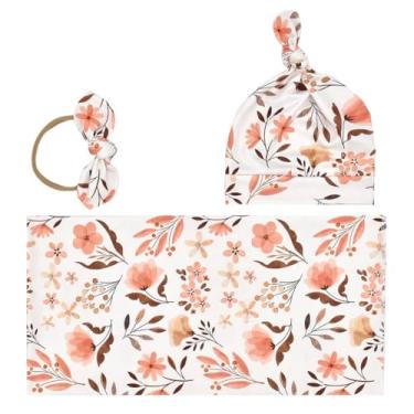 Imagem de BxuanW Conjunto de chapéu de faixa de cabeça para recém-nascidos com estampa de bebê menina cobertor recém-nascido hospital roupa de banho infantil presente 0-3 meses (jardim de outono)