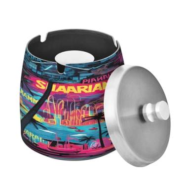 Imagem de Blueangle Cinzeiro de palmeiras tropicais com tampa para cigarros, à prova de vento/chuva, aço inoxidável, sem fumaça, inodoro, cinzeiro para uso interno ou externo (246)