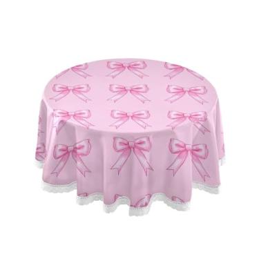 Imagem de SEHANY Toalha de mesa redonda com laço rosa de 152 cm, tecido lavável sem rugas, toalha de mesa decorativa de renda para restaurante, casamento, acampamento, festa de cinco de maio