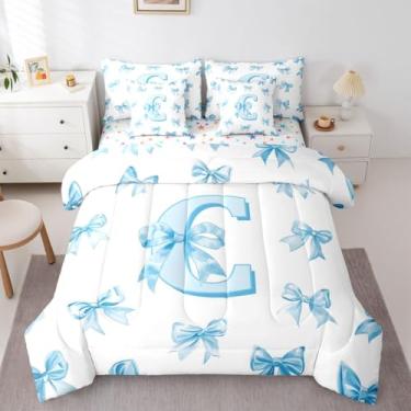 Imagem de Erosebridal Conjunto de cama Queen de desenho animado azul com laço azul, 7 peças, letra C, lençol com laço kawaii, para crianças e adolescentes, conjunto de cama com monograma personalizado C com
