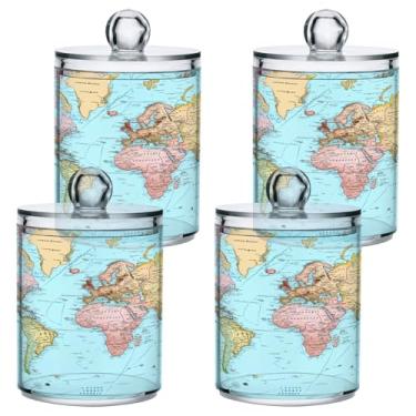 Imagem de STAYTOP 4 frascos de boticário com dispensador Qtip para banheiro com etiquetas – Recipiente de armazenamento Qtip de plástico transparente para bola de algodão, cotonete, mapa do mundo colorido em