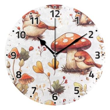 Imagem de WELLDAY Relógio de parede sem tique-taque de 25,4 cm - cogumelos pássaros relógio redondo silencioso de quartzo operado por bateria para casa/escritório/cozinha/sala de aula