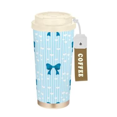 Imagem de Wassud Blue Bows Caneca de café de viagem com isolamento de corações brancos copo à prova de vazamento com tampa e canudo garrafa de água de aço inoxidável para café quente/gelo, chá e cerveja