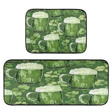 Imagem de Wassud Copos de cerveja e trevos (3) conjunto de 2 tapetes e tapetes de cozinha, impermeáveis e antiderrapantes para cozinha, corredor, escritório, pia, lavanderia