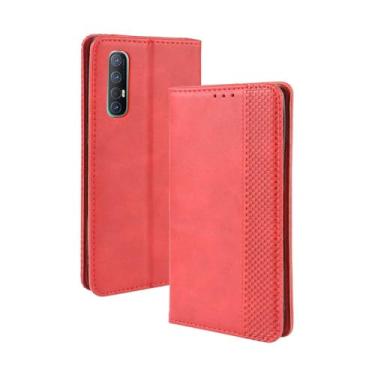 Imagem de Capa flip de couro para OPPO Find X2 Neo,Flip magnético retro,Caso de telefone de couro PU,Design de carteira com 3 slots de cartão e 1 clipe de dinheiro -Red