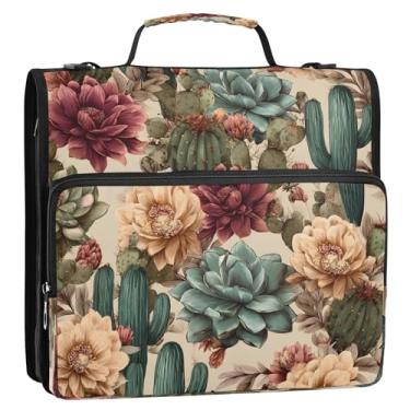 Imagem de CEBUGI Fichário de 3 anéis com zíper com alça de ombro, pasta de arquivo expansível de 3,8 cm, anéis D, para escola, escritório, cacto, flor