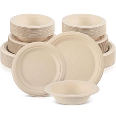 Imagem de Havawish Conjunto de pratos e tigelas de papel compostáveis, 150 peças, prato descartável, 340 g, tigelas biodegradáveis para festas, jantares, artigos de festa para 50 pessoas