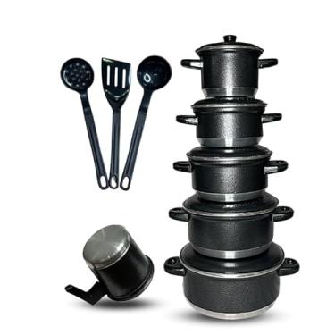 Imagem de Jogo de 6 Panelas de Alumínio Antiaderente com Utensílios – Cozinha Prática e Colorida (Preto Craqueado)