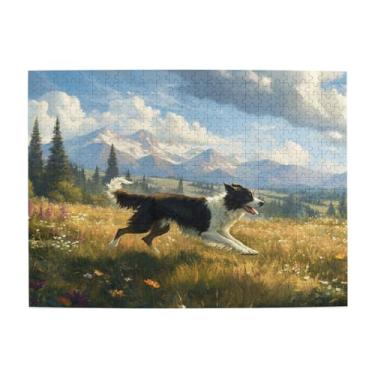 Imagem de Quebra-cabeça Border Collie de 500 peças para adultos – Cachorro correndo em prado de flores silvestres com paisagem de montanha, quebra-cabeça de paisagem natural para relaxamento e foco