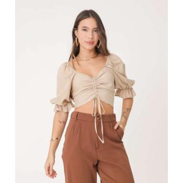 Imagem de Blusa Cropped Feminina Drapeada Manga 3/4 Marisa-09002, Bege, P