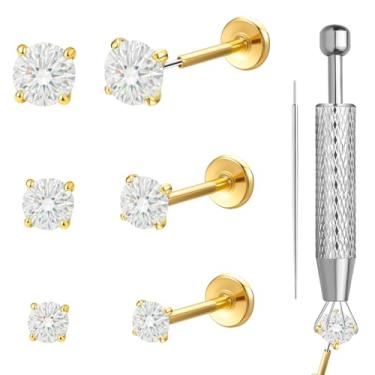 Imagem de hooppoo 6 peças de pinos de nariz e lábio de titânio sem rosca | Joia Labret de pressão traseira plana de 20 g com moissanite de 2/2,5/3 mm para narina, tragus, piercing de hélice, 20G, Titânio