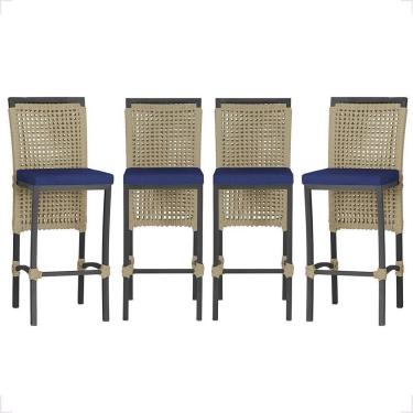 Imagem de 4 Banqueta Em Alumínio Roma Preta Corda Náutica Tecido 10 Rami