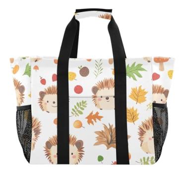 Imagem de ODAWA Bolsa feminina de praia de outono para ouriços fofos, bolsa de praia portátil resistente à água com alças abertas, Cute Hedgehogs Autumn, One Size