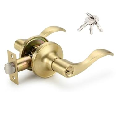 Imagem de 1 pacote de HENYIN Wave Lever Keyed Entry Door Lock/Maçaneta de porta Hardware Handle and Closet Lockset, cor dourada, com chave, mão direita (805-G-R)