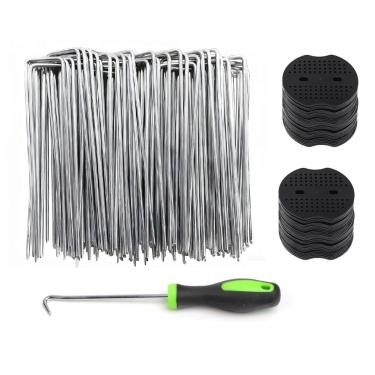 Imagem de Grampos de paisagem galvanizados de 15 cm, 100 peças, com junta de 100 peças, estacas de tecido de paisagismo, estacas de barreira de ervas daninhas, pontas de jardim, grampos de cobertura de solo
