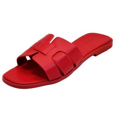 Imagem de Sandálias rasteiras femininas, chinelos femininos de couro com alça cruzada, sapatos elegantes e confortáveis, elegantes para o verão, outono, primavera, fofo, bico aberto, calçado casual, Vermelho