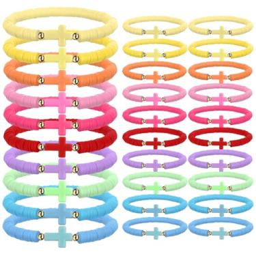 Imagem de 30 pulseiras cristãs, pulseira de cruz de argila empilhável, pulseira de cruz colorida para mulheres, presentes cristãos inspiradores em massa para a equipe de domingo de Natal