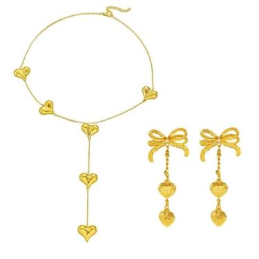 Imagem de ONLYJUMP Conjunto de 2 pares de brincos pendentes de laço de fita de coração para mulheres banhado a ouro 14k delicado fita coração laço brincos colares joias modernas presente, Large, Liga de aço
