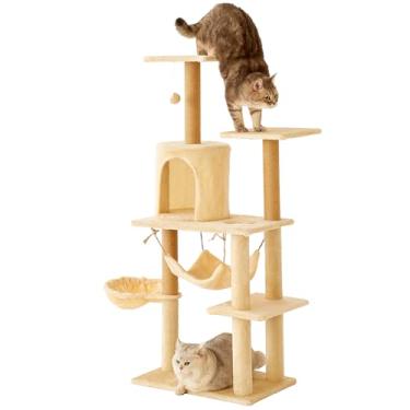 Imagem de Torre de árvore de gato de luxo, estrutura de escalada multinível de 132 cm com condomínio, redes, plataformas, pelúcia bege, centro de atividades internas
