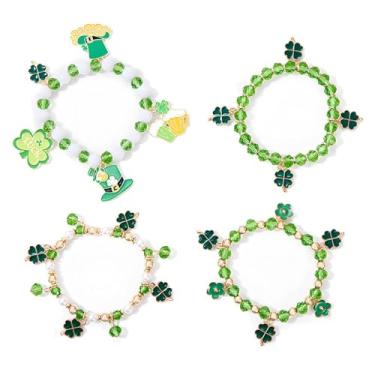 Imagem de coadipress 4 pulseiras femininas do dia de São Patrício com contas de trevo verde da sorte pulseiras elásticas de quatro folhas verdes irlandesas joias festivas, Middle, Liga de aço, Sem Pedra