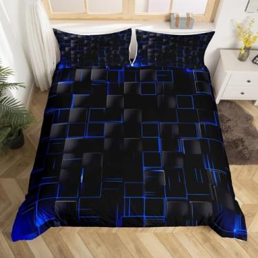 Imagem de Jogo de capa de edredom quadriculado geométrico, tamanho casal, azul real e preto, decoração de quarto masculino e feminino, conjunto de cama quadrado xadrez abstrato moderno para todas as estações, 2