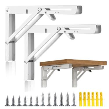 Imagem de 2 peças de suportes de prateleira dobráveis, suportes de parede resistentes dobráveis para banco de mesa, dobradiças de mesa de parede DIY com parafusos, economia de espaço, carga máxima de 150 kg