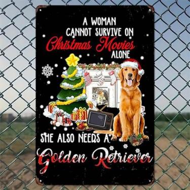 Imagem de Filmes de Natal Golden Retriever Decorações de Natal Arte de Parede de Alumínio Rústico e Placa de Metal - 20 x 30 cm Decoração Vintage Interior Exterior para Casa, Escritório, Café, Quintal e Jardim