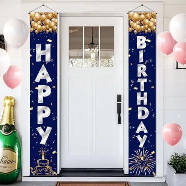 Imagem de BlissYard Faixa de porta de aniversário 30,5 x 188 cm Happy Birthday Vertical Starry Night Party Door Hanging Decor Navy Silver Gold Balloons Cake Fireworks Entry Backdrop for Indoor Outdoor Marco