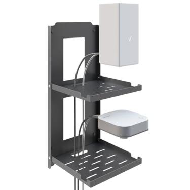 Imagem de SKIKEN Prateleira de roteador dobrável pequena de 2 camadas – Prateleira de tomada de parede com orifícios para cabos | Organização e conexão de camada dupla | Suporte de parede de metal empilhável