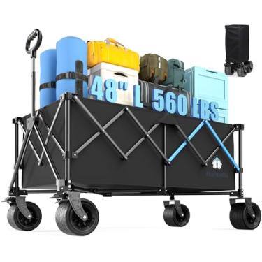 Imagem de Carrinho dobrável de 110 cm, carrinhos de carroça dobráveis resistentes com rodas, vagão utilitário dobrável para acampamento, compras, jardim, esportes, apartamento, ar livre, praia