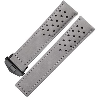 Imagem de BDNJN Pulseira de relógio de couro genuíno para TAG Heuer com fivela dobrável de 20 mm, 22 mm, cinza, preta, marrom, pulseira de couro bovino (cinza e preto, 22 mm)