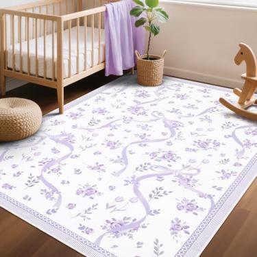 Imagem de GarveeHome Tapetes de laço roxo para quarto de meninas, 10 x 15 cm para sala de estar com pelo baixo macio, tapete floral lavável lavanda para berçário, crianças, sala de jogos, dormitório, escritório