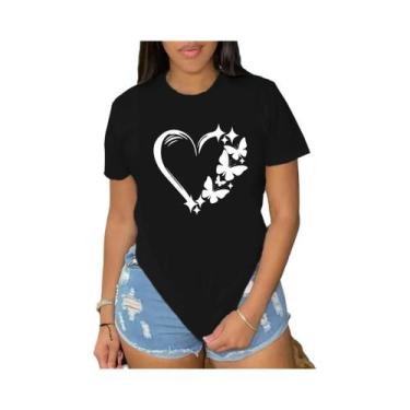 Imagem de Camiseta Feminina Casual Com Estampa Vibrante De Borboleta E Coração, 