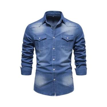 Imagem de Camisa Jeans Masculina Slim Fit - Algodão Elástico, Manga Comprida, Es