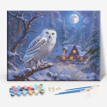 Imagem de HUINORYA Snowy OWL Village Winter Bird Framed Canvas DIY Paint by Numbers Kit Bar Cafe Cave Home Room Wall Bathroom Varanda Pátio Decoração Presente, 40,6 x 30,5 cm