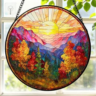 Imagem de Vitral de 19 cm, pendurado, nascer do sol, montanhas, árvore, apanhador de sol, janela interna, parede, quintal, decoração de casa, paisagem, painel de vidro colorido, apanhador de sol, presentes para
