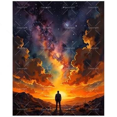 Imagem de Kit de pintura astronômica por números para adultos – DIY homem assistindo céu estrelado pôr do sol pintura em tela 40,6 x 50,8 cm, conjunto de tinta acrílica, adequado para iniciantes, arte para
