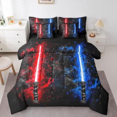 Imagem de Jogo de cama King com sabre de luz, azul neon, vermelho, azul, para crianças, adolescentes e adultos, para quarto de crianças, meninos, adolescentes, mulheres, galáxia, céu estrelado, moderno, jogo de
