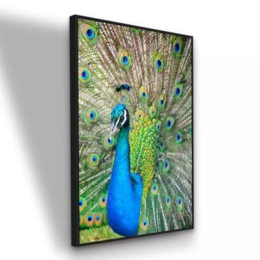 Imagem de Quadro tecido Canvas Pavão Colorido Luxo Ave Exótica Arte Moderna Premium 90x60 com Moldura Preta