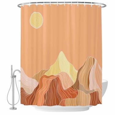 Imagem de Sun Mountains Cortina de Chuveiro Laranja Linhas Abstratas Paisagens Conjunto de Cortinas de Chuveiro Tecido Impermeável Cortina de Banho para Banheiro Decoração de Banheira Acessórios de Casa 182 x