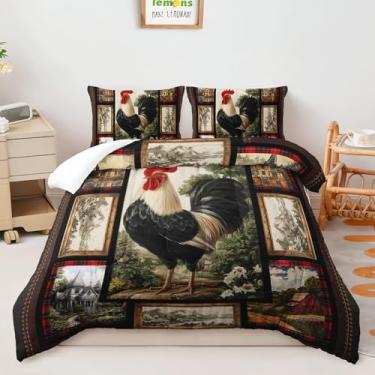 Imagem de AILONEN Conjunto de edredom de frango, tamanho casal, vintage, casa de fazenda, para decoração de quarto, 3 peças de edredom xadrez rústico de animais de fazenda com 2 fronhas